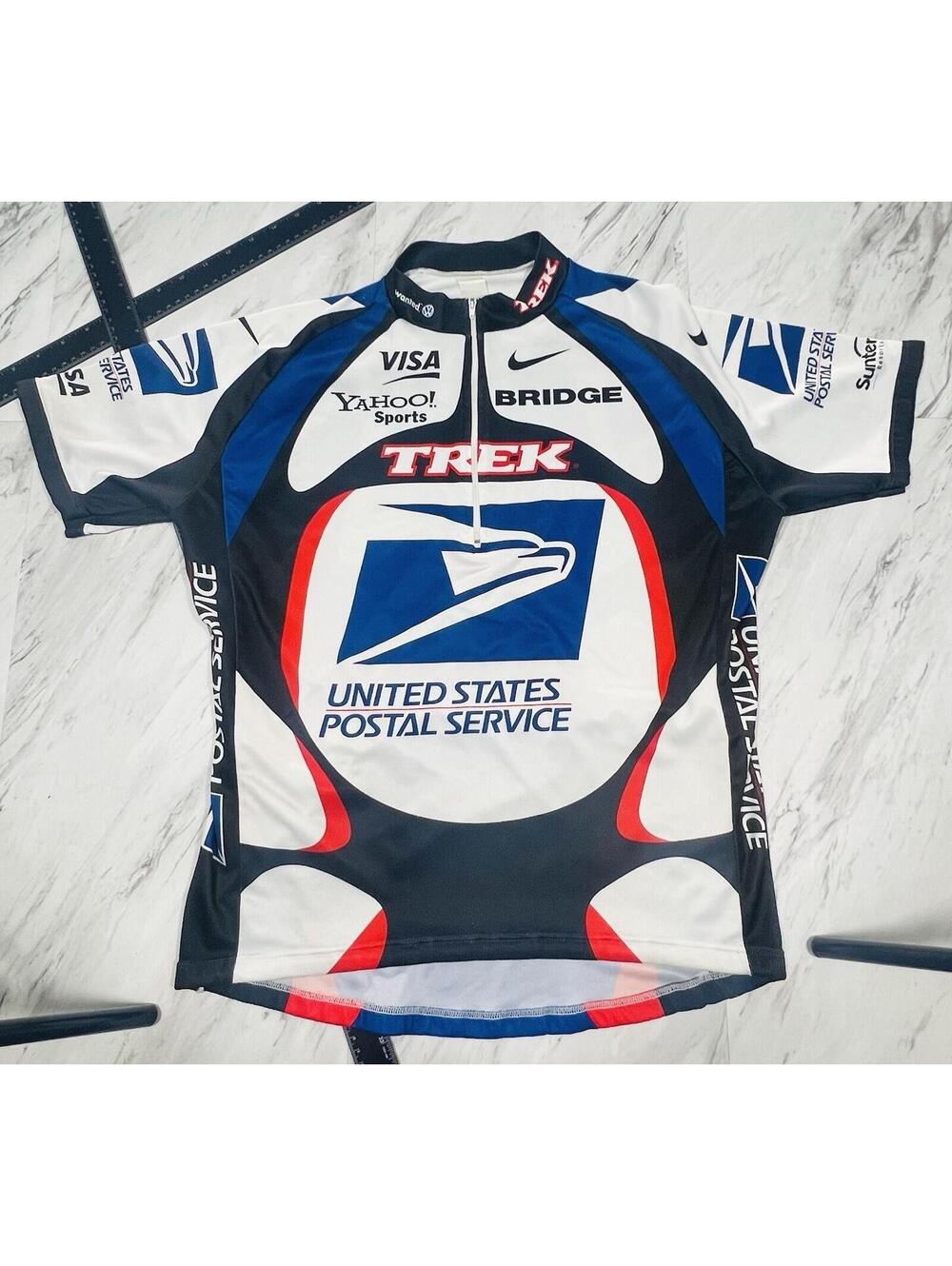 Nike USPS Trek Cycling Jersey Mens M White Blue Full Zip Bike Shirt #13